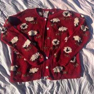 Vintage Talbots Linen Blend Hand Knit Cardigan Sweater Medium Grazing Sheep Lamb